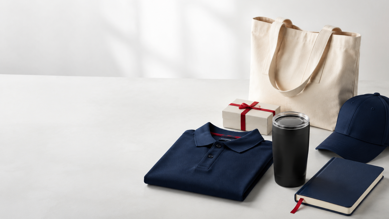 A curated collection of blank corporate merchandise including a polo, tote, tumbler, cap and notebook